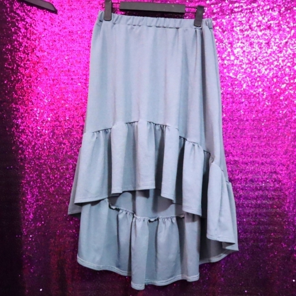 Trend Blossoms Dusty Blue High-Low Ruffle Skirt Size 10 Elastic Waist Tiered Hem